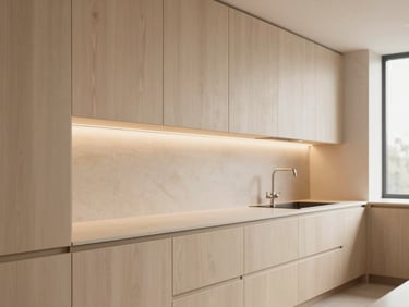 Detail of a luxury kitchen with light beige cabinets and integrated warm lighting, wood texture, high-end editorial.