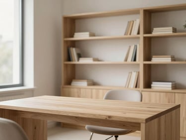 Home office with a clean wooden desk, minimalist shelves, natural light, high-end editorial.