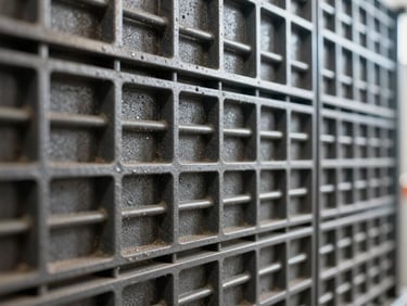 Detalhe em macrofoco de um painel monolítico de EPS integrado a uma malha de aço estrutural de alta resistência, luz lateral dramática destacando as texturas industriais precisas.