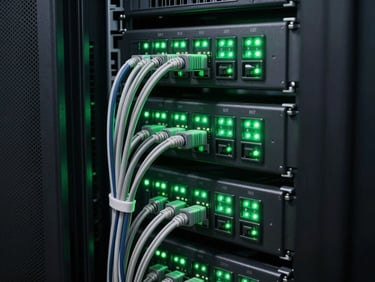 Close-up of organized server rack with clean cable management, labeled connections, green LED status lights glowing in a dark secure room