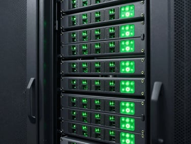Crisp industrial photography of a perfectly organized server rack, cool technical lighting, vibrant green LED accents, sharp focus, 35mm