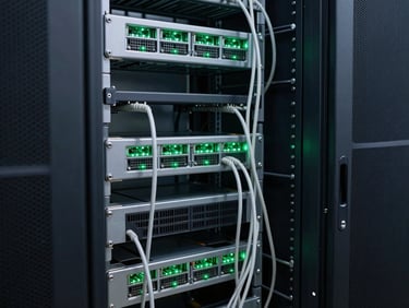 A messy server rack with tangled, unorganized cables hanging loosely, dusty environment, poor maintenance