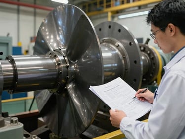 Heavy marine propeller shaft being inspected by an engineer holding technical blueprints inside a drydock facility