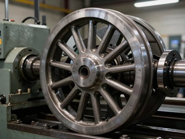 Macro close-up of a massive steel locomotive wheel assembly being machined on a heavy-duty industrial lathe inside a workshop