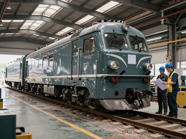 Wide angle shot of a modern railway workshop, heavy train chassis being assembled by engineers inspecting blueprints, high-contrast lighting.