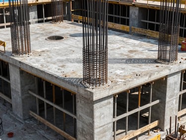 Industrial concrete foundation construction site for heavy machinery installation, steel reinforcement bars visible