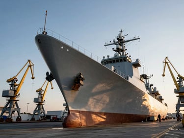 Dramatic low angle shot of a naval vessel hull in a dry dock, industrial cranes in the background, sharp shadows, sunset light.