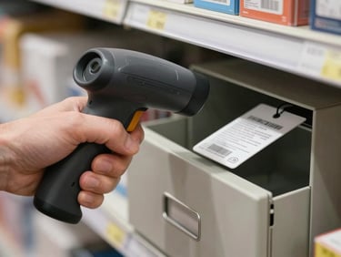 Close-up of a hand holding a handheld barcode scanner aimed at a product tag on a shelf, cash drawer partially open in the soft background, ambient store lighting, sharp focus on the scanner and tag
