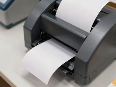 Overhead close-up of a thermal receipt printer mid-print, a strip of receipt paper emerging from the slot, counter surface visible beneath, bright overhead retail lighting