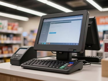 Straight-on view of a touch POS terminal on a retail counter, screen active with a transaction in progress, keyboard and cash area visible to the side, overhead retail lighting, no people in frame