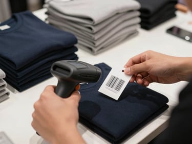 Overhead shot of hands scanning a barcode tag on a folded garment at a clothing store counter, barcode scanner in hand, stacked fabric visible in background under store lighting