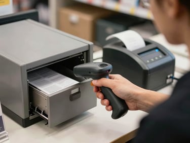 Over-the-shoulder view of a cashier at a retail counter scanning a product with a handheld barcode scanner, cash drawer open to the left, receipt printer mid-print on the right, natural overhead store lighting