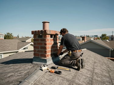 Wide angled view of a technician on a residential rooftop in Boise, seen from behind and slightly below, working at the base of a brick chimney cap under bright daylight, tools laid out on the roof surface, blue sky in the upper portion of the frame, natural documentary lighting