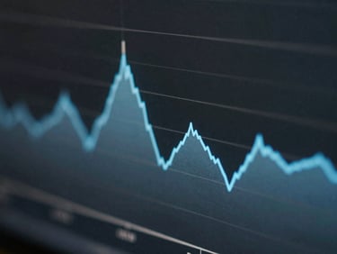Tight crop of a volume histogram with diverging bars, cold blue accent line tracing price versus volume divergence on a dark charcoal field, abstract data-visualization aesthetic, no text