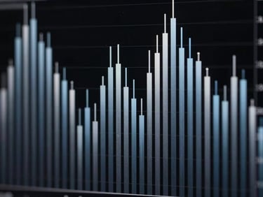 Abstract order flow visualization on near-black background, cascading bid and ask depth columns rendered as cold platinum and muted blue vertical bars, forensic data-visualization aesthetic, no text
