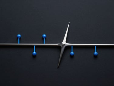 Overhead view of a price breakout structure diagram on dark background, a horizontal resistance line being breached and immediately recaptured, metallic blue annotation marks, clean data-visualization rendering, no text