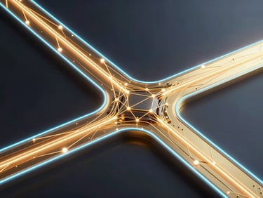Sleek 3D render of glowing digital pathways and network nodes in gold and blue, dark atmospheric background