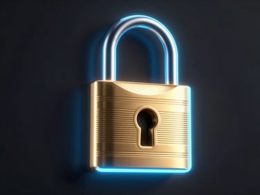 Sleek 3D render of glowing neon security lock with electric blue and gold light, dark atmospheric background, high-contrast premium gaming aesthetic
