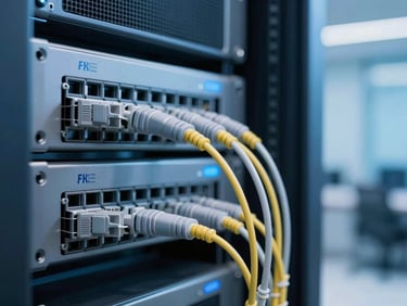 Close-up of structured fiber optic cabling in a sleek server rack, cool blue lighting, sharp focus, professional.