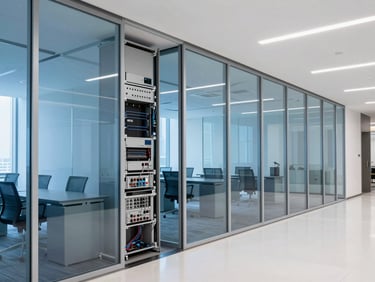 Modern Dubai corporate office interior with clean glass partitions and visible networking hardware, professional lighting.