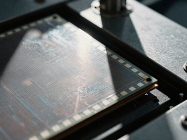 Extreme close-up of silicon wafers and industrial manufacturing machinery, high-contrast shadows, desaturated cool tones, 35mm grain.