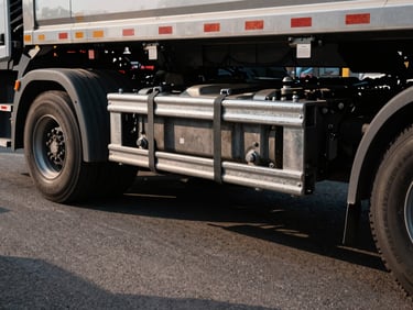 Sharp industrial photography of a close-up on a heavy-duty commercial truck chassis, steel cargo straps tightly securing machinery, dramatic low-sun daylight casting long shadows on asphalt, 35mm lens.