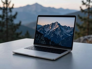 A high-fidelity laptop mockup resting on a clean workspace, displaying a sleek, modern interface with cool morning light filtering through pines.