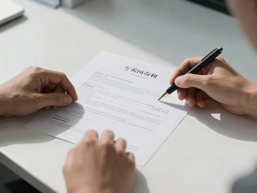 Close-up of hands holding a numbered patent registration document over a clean desk, cool daylight from the left, hard shadow on the right, precise legalistic framing