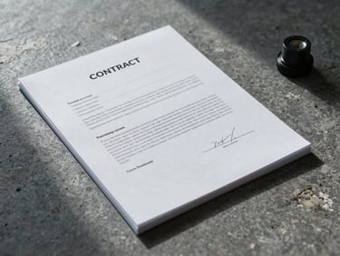 Overhead tight crop of a sealed supply contract document on a stone surface, registration stamp visible, cool studio lighting with hard shadows, minimalist composition