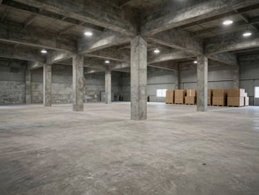 Wide environmental shot of an empty warehouse interior photographed from above, architectural grid of concrete columns, cool overhead industrial lighting, stacked closed boxes in the far corner