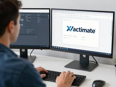 Over-the-shoulder shot of an estimator working on a clean dual-monitor setup showing Xactimate software, cool slate tones, sharp focus, 35mm