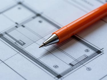 Macro shot of a detailed architectural blueprint with a technical orange pen laying across the structural grid lines, cool slate tones, sharp focus