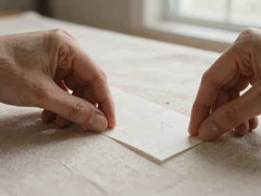 Macro close-up of hands pinning a paper pattern onto a heavy linen weave fabric, soft side-lit window daylight, warm ivory tones, shallow depth of field, 35mm