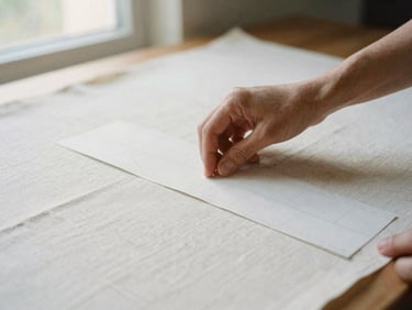 Close-up of hands pinning a paper pattern onto high-quality warm ivory linen fabric, soft side-lit window daylight, shallow depth of field, 35mm
