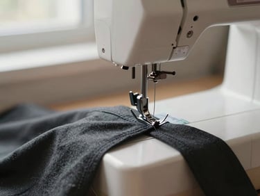 Close-up of a modern sewing machine needle in motion stitching a clean seam on a charcoal garment, soft side-lit window daylight, shallow depth of field, 35mm