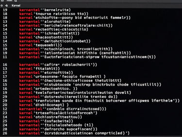 Full-width terminal window screenshot on a near-black background, showing a multi-line kernel build output with red-highlighted warnings and clean monospace text, no motion blur, pixel-sharp, taken directly from screen at native resolution