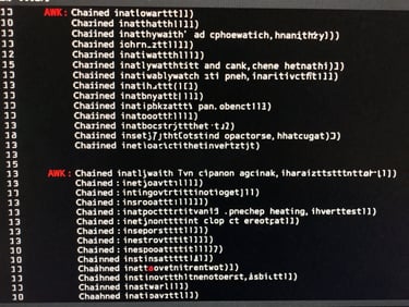 Full-width terminal window screenshot showing a chained inotifywait and awk command pipeline with complete stdout output below, monospace white text on near-black terminal background, pixel-perfect with no blur or grain, blood-red prompt glyph visible at the command line