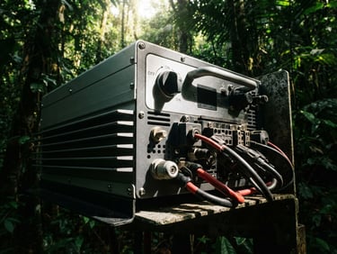Macro close-up of a heavy-duty Deye hybrid inverter, anodized aluminum chassis, clean industrial design, dramatic tropical sunlight filtering through jungle canopy, high-contrast 35mm photography.