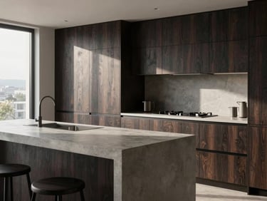 High-contrast architectural interior shot of a minimalist kitchen renovation, crisp morning light highlighting clean concrete countertop edges and dark oak panels.