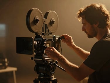 Warm cinematic photography of a film set with a director adjusting a 16mm camera, dramatic low-key shadows, warm amber undertones, 35mm film