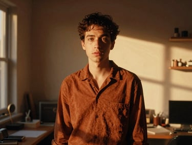 Warm cinematic photography, environmental portrait of a designer in their sunlit studio, golden hour light, rich rust tones, 35mm film