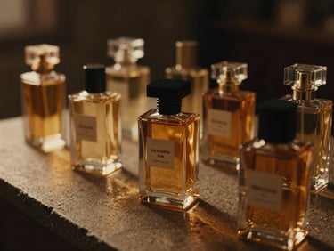 Warm cinematic photography of luxury perfume bottles arranged on textured stone, dramatic side light, rich amber tones, shallow depth of field, 35mm film