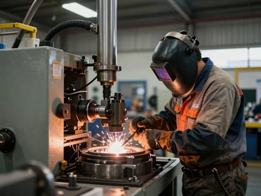 Wide shot of an active industrial production floor in Colombia, a technician in a welding helmet servicing a spot welding machine, warm metallic glow, sharp focus on the machinery.
