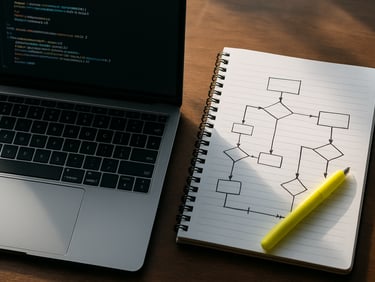 Overhead shot of a laptop showing a code editor beside a spiral notebook with hand-drawn flowcharts, natural window light, a highlighter resting on the page