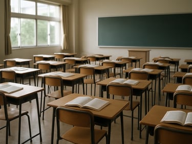 Wide classroom shot with rows of student desks, natural daylight from side windows, open textbooks visible on desks, no students present—showing layout and study environment
