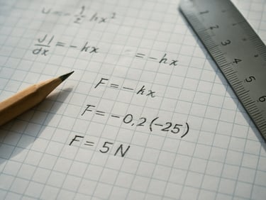 Close-up overhead of a physics problem set with equations written out in neat handwriting on grid paper, a ruler and pencil alongside, natural daylight, shallow focus on the worked solution