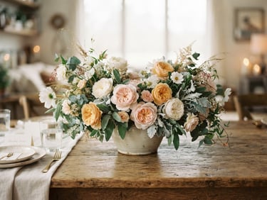 Elegant low centerpiece arrangement on a rustic wooden table, featuring wild garden roses and textured sage foliage, soft overcast daylight, editorial photography.