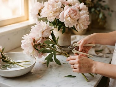 Hands gently trimming stems of pale pink peonies on a clean marble counter, water droplets on petals, soft side lighting, close-up, 35mm.