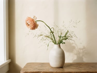 A delicate ceramic vase holding a single bending ranunculus and wild grasses, casting soft shadows on a warm cream wall, minimalist editorial styling.