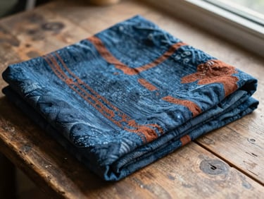 Folded hand-block-printed cotton textile resting on a worn wooden surface, natural daylight from a side window, indigo and rust dye patterns visible, close-up framing showing weave texture